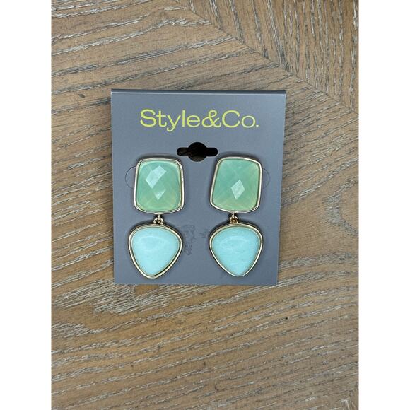 Jewelry - Style & Co Gold Tone Green Double Drop Dangle Earrings Faceted Stone